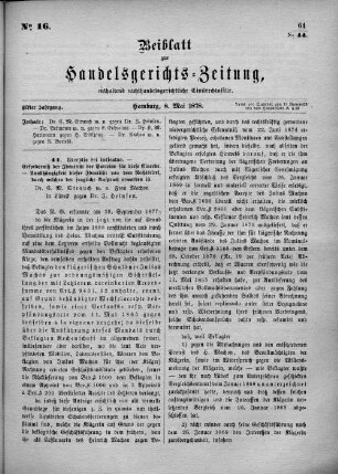 Beiblatt zur hamburgischen Handelsgerichts-Zeitung No. 16. Elfter Jahrgang. Hamburg, 8. Mai 1878.