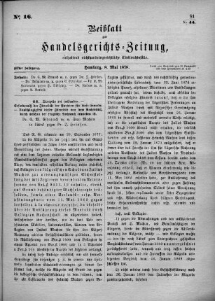 Beiblatt zur hamburgischen Handelsgerichts-Zeitung No. 16. Elfter Jahrgang. Hamburg, 8. Mai 1878.