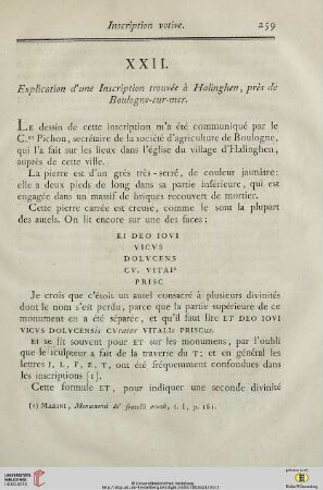 XXII. Explications d’une Inscription trouvée à Halinghen, près de Boulogne-sur-mer