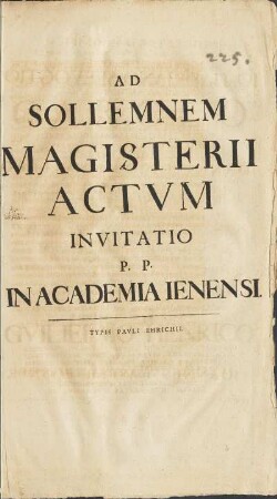 Ad Sollemnem Magisterii Actvm Invitatio P. P. In Academia Ienensi