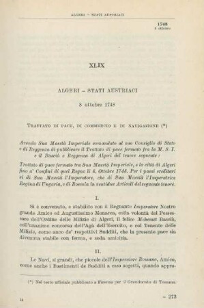 XLIX Algeri - Stati Austriaci 8 ottobre 1748
