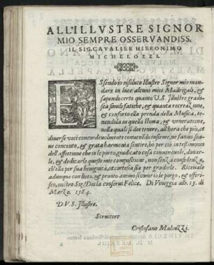 Dedikation an Cavaliere Hieronimo Michelozzi von Cristofano Malvezzi, Venedig 15. März 1584