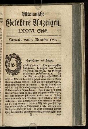 LXXXVI. Stück. Montags, vom 7 November 1757