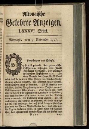 LXXXVI. Stück. Montags, vom 7 November 1757