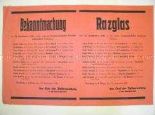 Maueranschlag aus dem besetzten Jugoslawien zur Bekanntgabe der Erschießung "kommunistischer Gewalttäter" (zweisprachig)