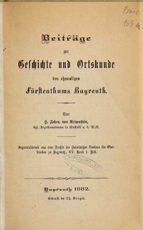 Beiträge zur Geschichte und Ortskunde des ehemaligen Fürstenthums Bayreuth