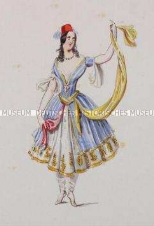 Tänzerin im blaugestreiften Kleid, mit gelber Schärpe und rotem Fez - Tafel aus Franceschini/Kostümbilder (Kassette 2)