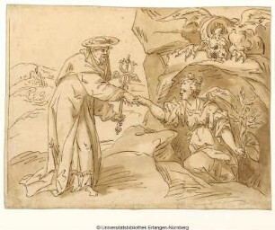 Kardinal mit Caduceus, eine Frau aus einer von einem Drachen bewachten Höhle befreiend