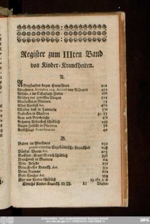 Register zum IIIten Band von Kinder-Kranckheiten.