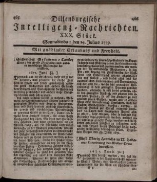 XXX. Stück. Sonnabends: den 24. Julius 1779.