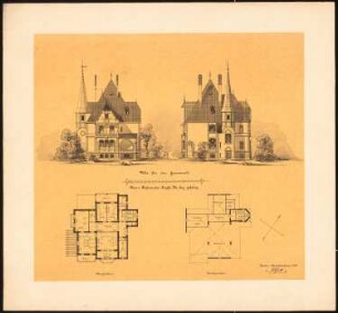 Villa, Berlin-Grunewald: 2 Ansichten, Grundriss OG, DG