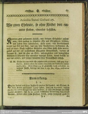 Articulus Statuti Gothani 27. Wie zwey Eheleute, so ohne Kinder von einander sterben, einander befällen