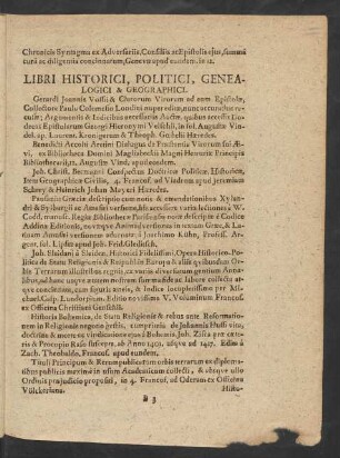 Libri Historici, Politici, Genealogici & Geographici.
