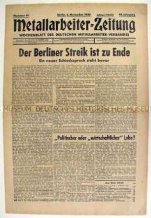 Wochenzeitung des Deutschen Metallarbeiter-Verbandes u.a. zum Streik der Berliner Metallarbeiter