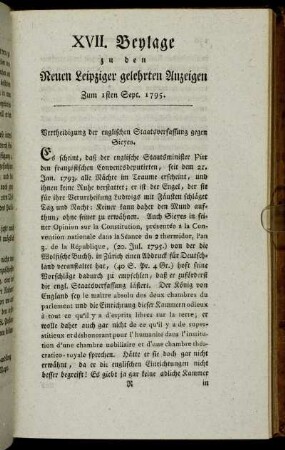 XVII. Beylage zu den Neuen Leipziger gelehrten Anzeigen. Zum 1sten Sept. 1795.
