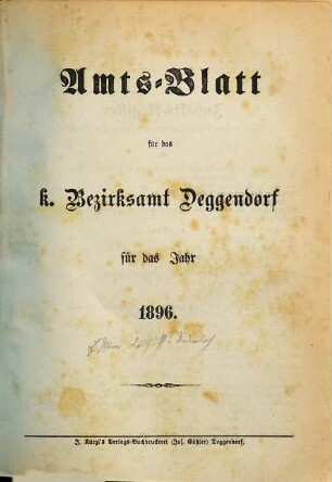 Amts-Blatt des Bezirksamtes Deggendorf. 1896