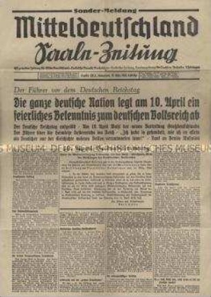Sonderdruck der "Saale-Zeitung" zur Rede Hitlers vor dem Reichstag zur Volksabstimmung am 10. April 1938