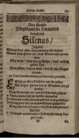 Das Sechste Virgilianische Hirtenlied benahmet Silenus