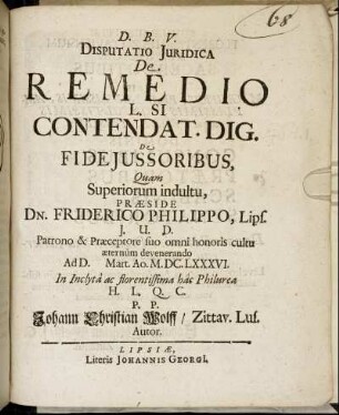 Disputatio Iuridica De Remedio L. Si Contendat. Dig. De Fideiussoribus