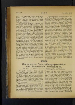 Zur neueren Entwicklungsgeschichte der chinesischen Eisenbahnen.