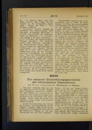 Zur neueren Entwicklungsgeschichte der chinesischen Eisenbahnen.