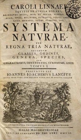 Caroli Linnaei Equitis De Stella Polari, Archiatri Regii, Med. Et Botan. Profess. Upsal. Acad. Upsal. Holmens. Petropol. Berol. Imper. Lond. Monspel. Tolos. Florent. Soc. Systema Naturae : Per Regna Tria Naturae, Secundum Classes, Ordines, Genera, Species, Cum Characteribus, Differentiis, Synonymis, Locis, 1