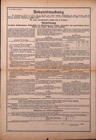 Bekanntmachung über "Beschlagnahme, Meldepflicht und Ablieferung von fertigen, gebrauchten und ungebrauchten Gegenständen aus Kupfer, Messing und Reinnickel"