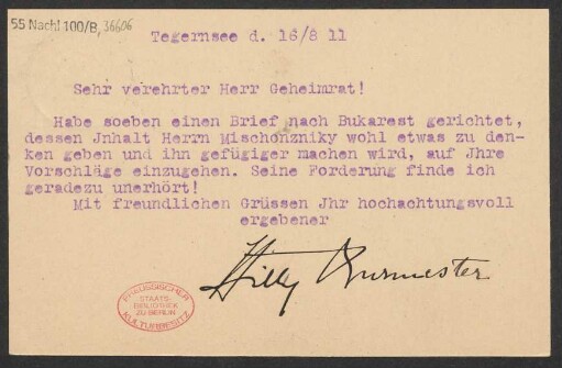 Brief an Ludwig Strecker <senior> an B. Schott's Söhne : 16.08.1911