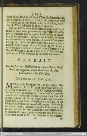 Extrait, Du Regitre des Resolutions de Leurs Hautes Puissances les Seigneurs Etats Generaux des Provinces-Unies des Paiis-Bas