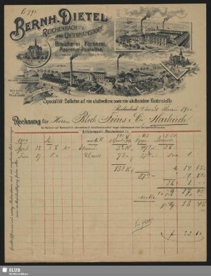 Bernh. Dietel, Reichenbach i. V. und Unterhainsdorf, Bleicherei, Färberei, Appretur-Anstalten : Rechnung