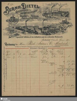 Bernh. Dietel, Reichenbach i. V. und Unterhainsdorf, Bleicherei, Färberei, Appretur-Anstalten : Rechnung