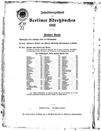 Inhaltsverzeichnis des Berliner Adreßbuches 1922 Dritter Band
