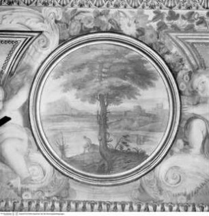 Szenen aus der Geschichte von Johannes dem Täufer und Landschaften, Flußlandschaft mit Baum und Burg