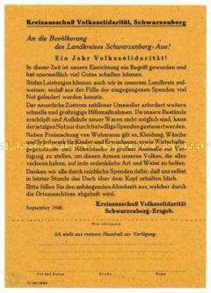 Aufruf des Kreisausschusses Schwarzenberg der Volkssolidarität zu Sachspenden für Umsiedler