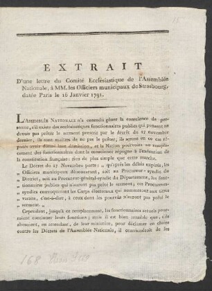 Extrait D'une lettre du Comité Ecclésiastique de l'Assemblée Nationale, à MM. les Officiers municipaux de Strasbourg, datée Paris le 16 Janvier 1791.