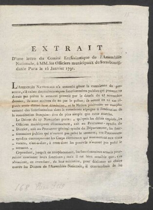Extrait D'une lettre du Comité Ecclésiastique de l'Assemblée Nationale, à MM. les Officiers municipaux de Strasbourg, datée Paris le 16 Janvier 1791.