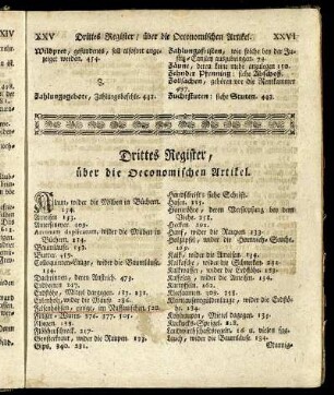Drittes Register, über die Oeconomischen Artikel.