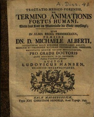 Tractatio medico-forensis, de termino animationis foetus humani, Wenn das Kind im Mutter-Leibe die Seele empfängt