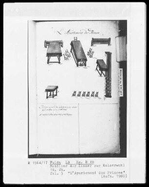 Mobiliar der Zimmer zur Kaiserwahl — "L' Apartement des Princes", Folio 5 recto