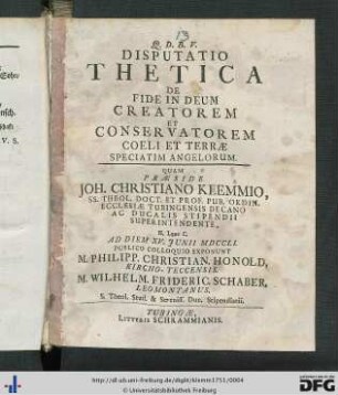 Disputatio Thetica De Fide In Deum Creatorem Et Conservatorem Coeli Et Terrae, Speciatim Angelorum