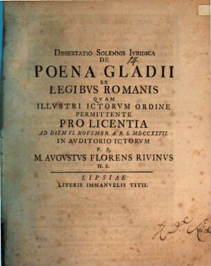 Diss. sol. iur. de poena gladii ex legibus Romanis