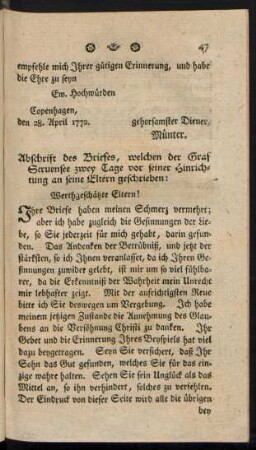 Abschrift des Briefes, welchen der Graf Struensee zwey Tage vor seiner Hinrichtung an seine Eltern geschrieben