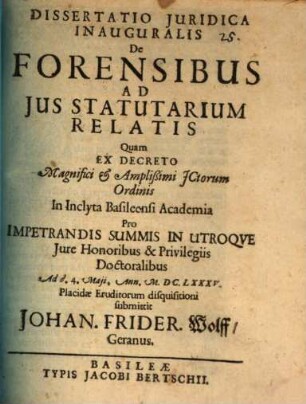 Dissertatio iuridica inauguralis de forensibus ad jus statutarium relatis