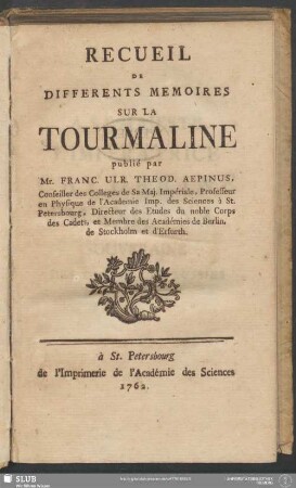 Recueil De Differents Memoires Sur La Tourmaline