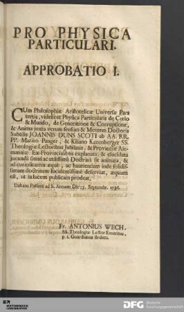 Pro Physica Particulari. Approbatio I.