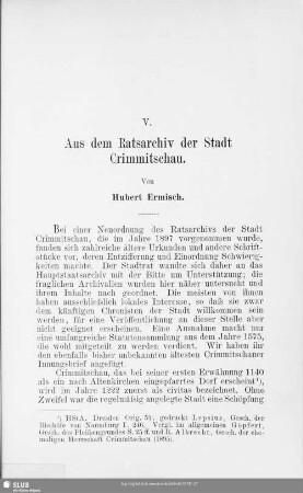 V. Aus dem Ratsarchiv der Stadt Crimmitschau