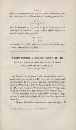 Question proposée au concours général de 1877 pour la classe de mathématiques spéciales.