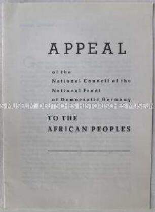 Flugschrift mit dem Wortlaut eines Appells des Nationalrates der Nationalen Front an die Völker Afrikas (in englischer Sprache)