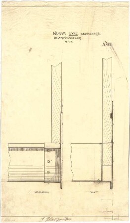Billing, Hermann; Karlsruhe, Maximilianstr. 10 / Weberstr. 7; Doppelhaus Lang - Stober - Haushälfte Lang, Dachkanalabschluss (Ansicht; Schnitt; Detail)