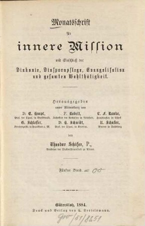 Monatsschrift für innere Mission mit Einschluß der Diakonie, Diasporapflege, Evangelisation und gesamten Wohltätigkeit, 5. 1884